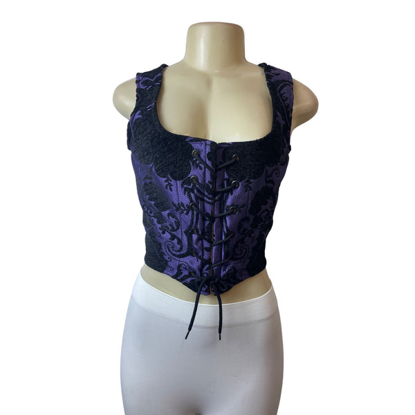 Purple & Black Sleeveless Corset Top With Lace-Up Front Sz 10