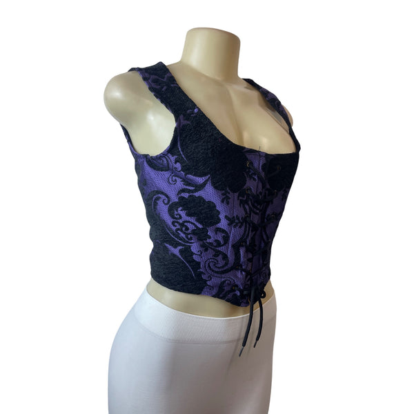 Purple & Black Sleeveless Corset Top With Lace-Up Front Sz 10