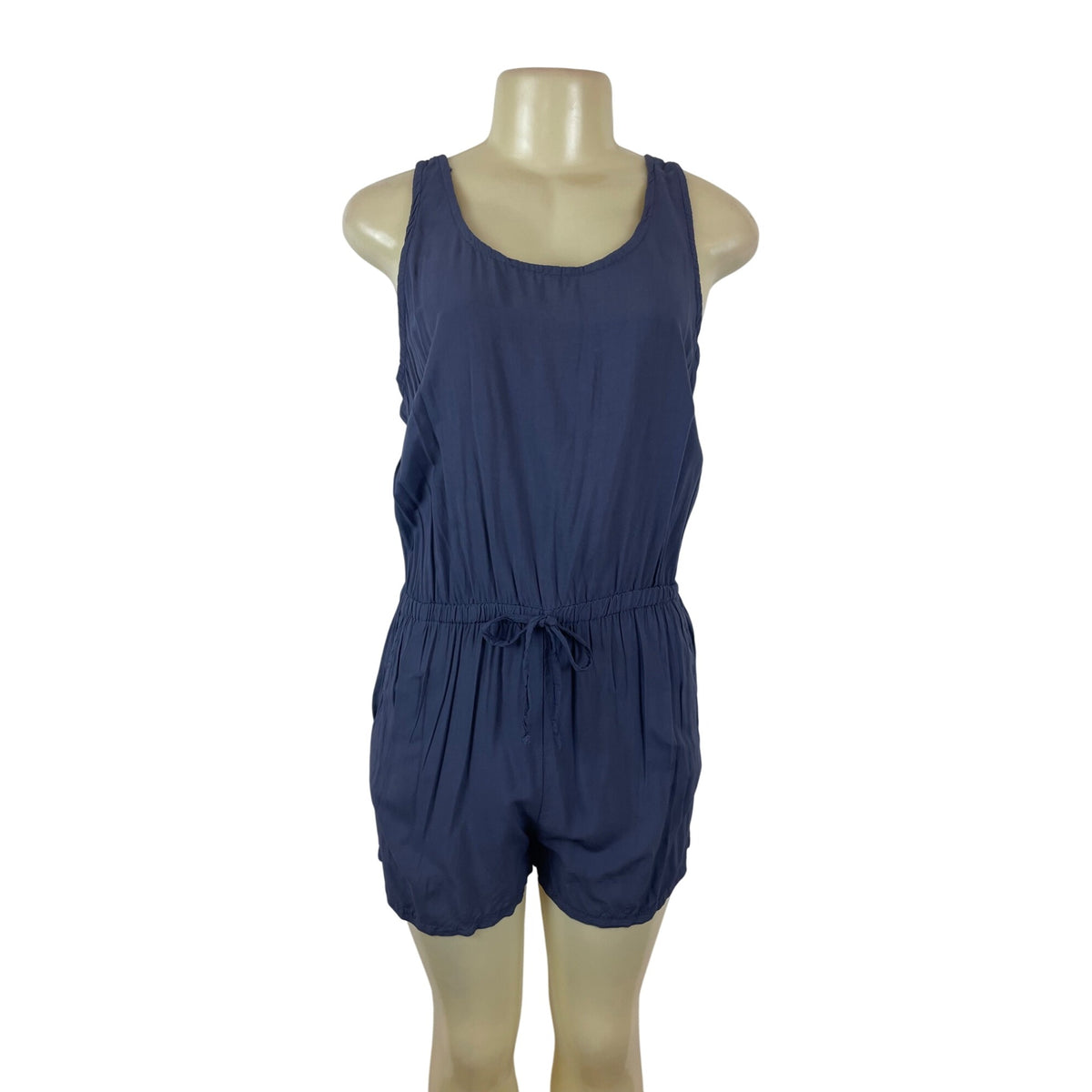 Boohoo Womens Navy Sleeveless Tie-Back Romper With Elastic Waist Sz M- New