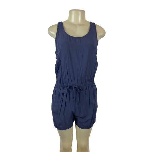 Boohoo Womens Navy Sleeveless Tie-Back Romper With Elastic Waist Sz M- New