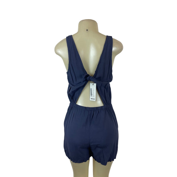 Boohoo Womens Navy Sleeveless Tie-Back Romper With Elastic Waist Sz M- New