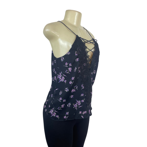 Wayf Womens Black Dainty Lace-Up Top With Floral Pattern Sz S - New