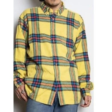 Vtg 90s Van Heusen Yellow Plaid Button-Down Long Sleeve Shirt Winterweights Sz M