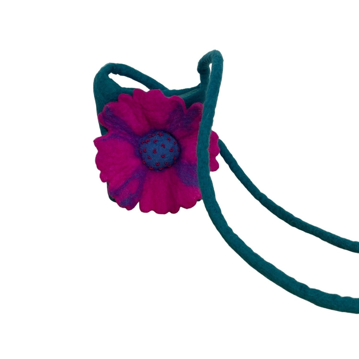 Handmade Wool Shoulder Bag with Teal and Purple Flower Made in Nepal