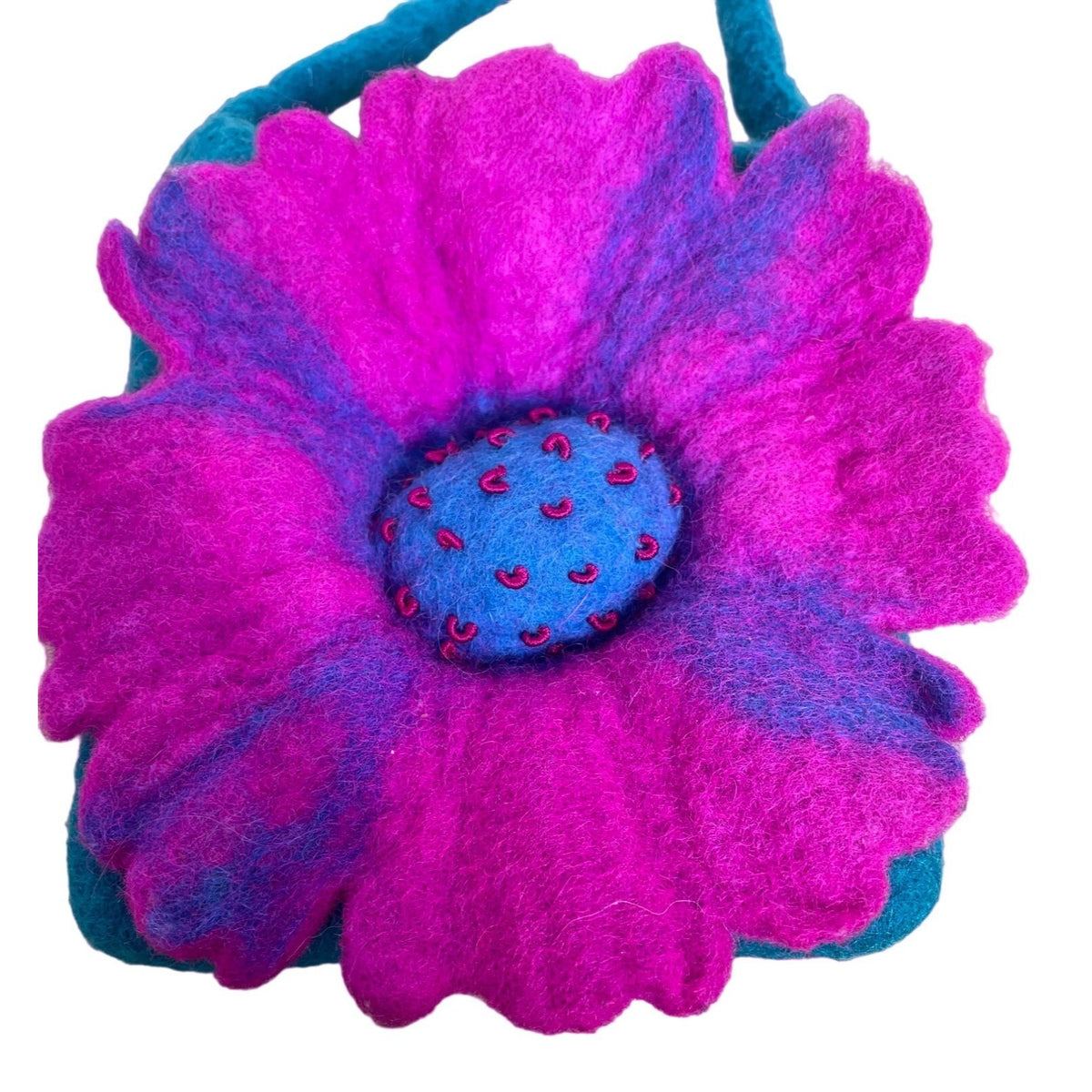 Handmade Wool Shoulder Bag with Teal and Purple Flower Made in Nepal