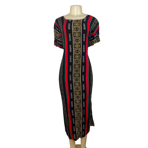 Elegant Heritage Print Maxi Dress With Short Sleeves & Bold Stripes