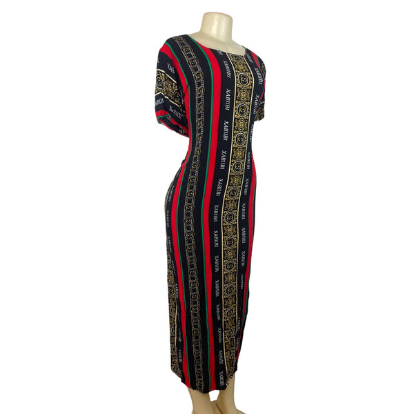 Elegant Heritage Print Maxi Dress With Short Sleeves & Bold Stripes