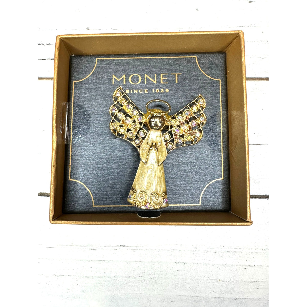 Vintage MONET Rhinestone & Gold-Tone Angel Brooch Pin New In Box