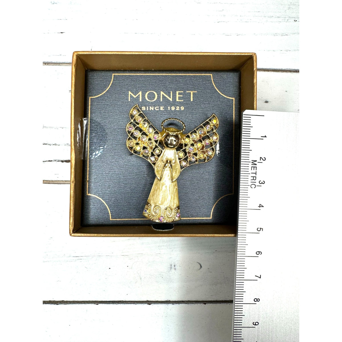 Vintage MONET Rhinestone & Gold-Tone Angel Brooch Pin New In Box