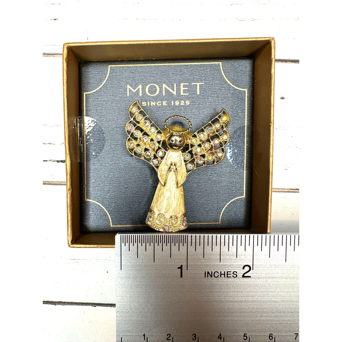 Vintage MONET Rhinestone & Gold-Tone Angel Brooch Pin New In Box