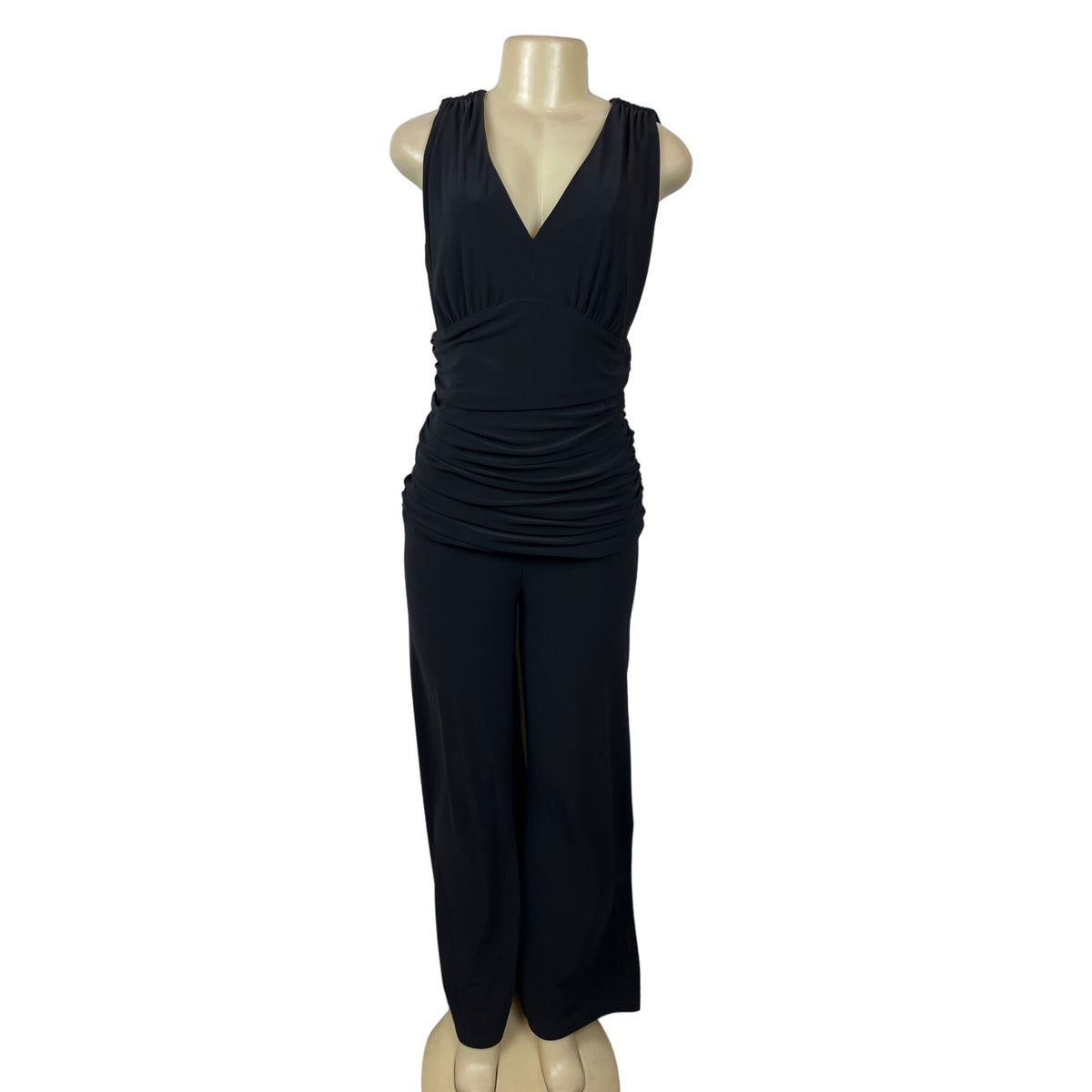 Joseph Ribkoff  Black V-Neck Jumpsuit With Ruched Waist & Wide-Leg Pants Sz 10