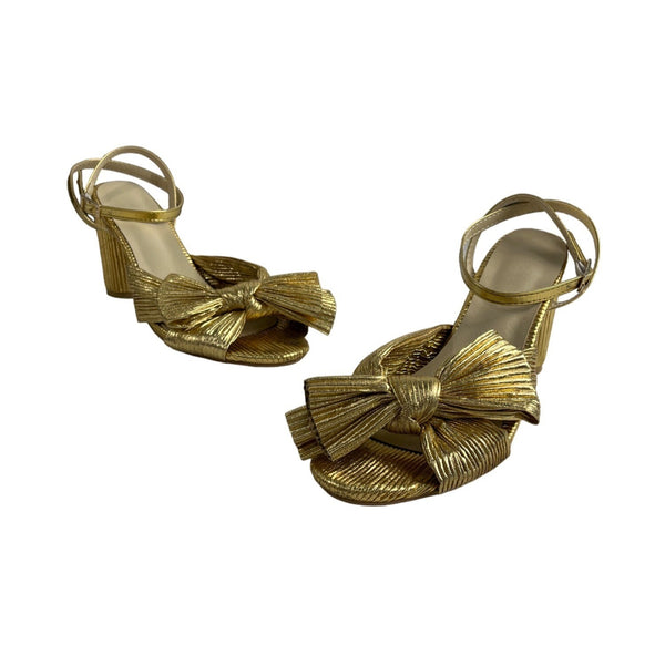 Unbranded Women's Gold Lame Bow Pleated Block Heeled Sandals Sz 42