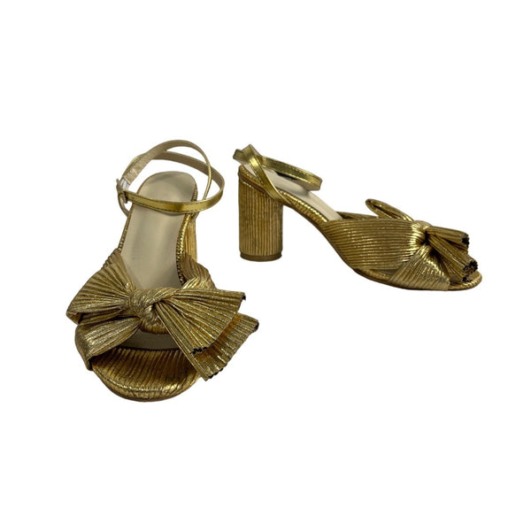 Unbranded Women's Gold Lame Bow Pleated Block Heeled Sandals Sz 42