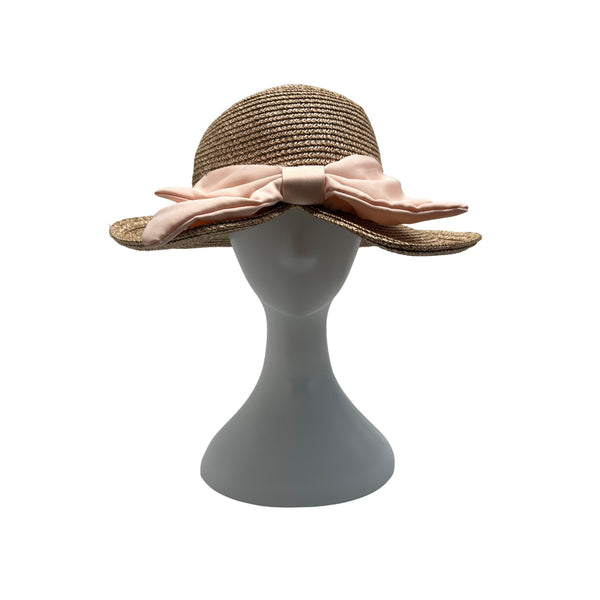 Womens Straw Sun Hat With Pink Ribbon Bow 58cm