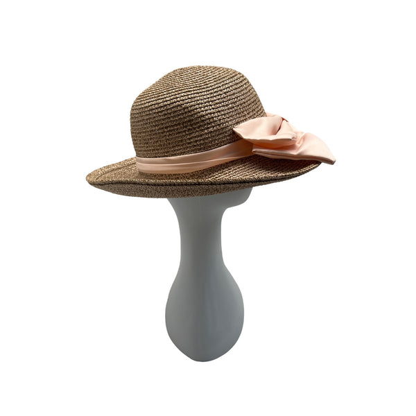 Womens Straw Sun Hat With Pink Ribbon Bow 58cm