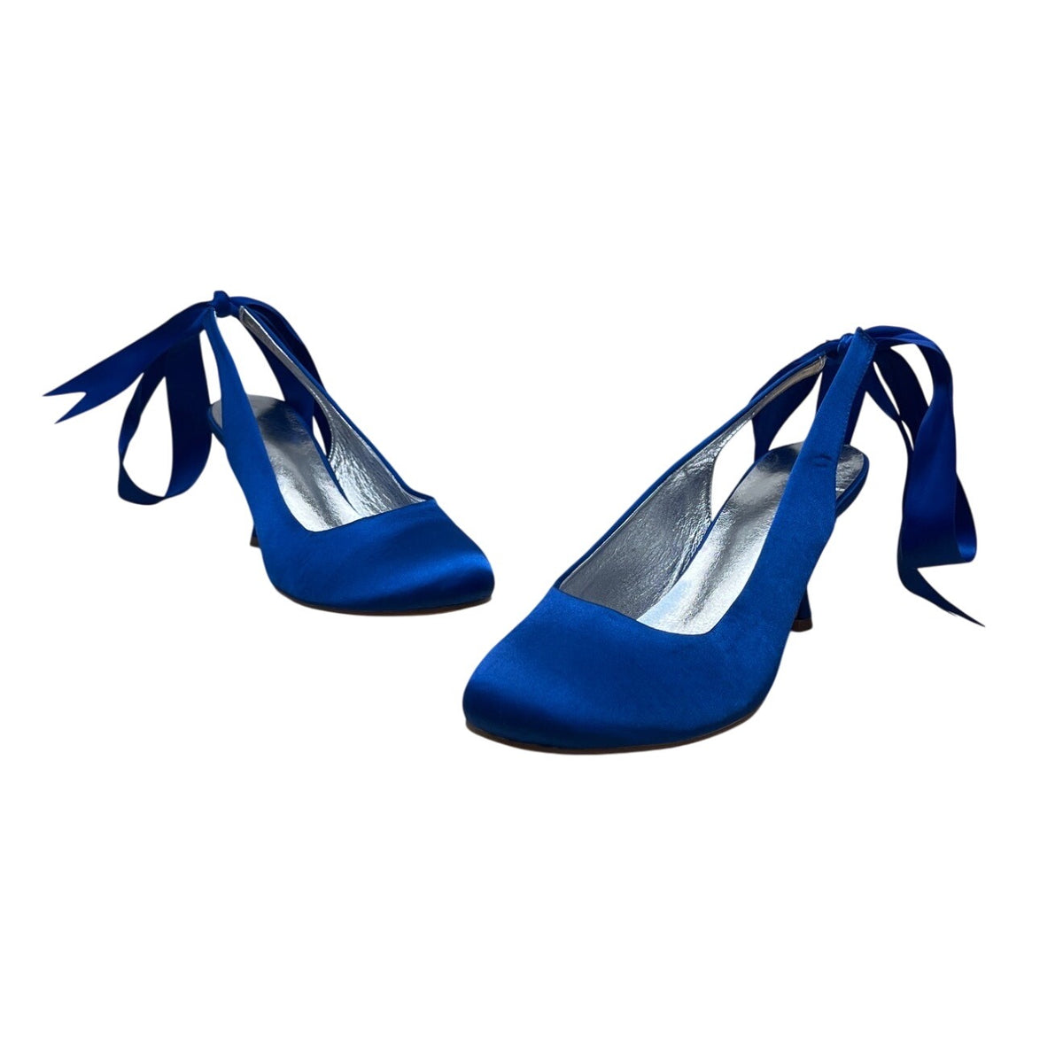 Women’s Blue Satin Ribbon-Tie Ballerina Heels With Silver Insole Heel Sz 9.5