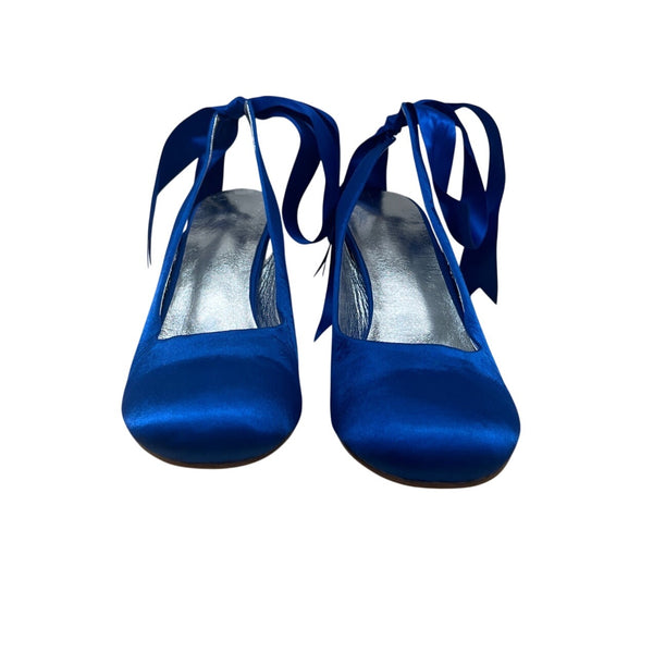 Women’s Blue Satin Ribbon-Tie Ballerina Heels With Silver Insole Heel Sz 9.5