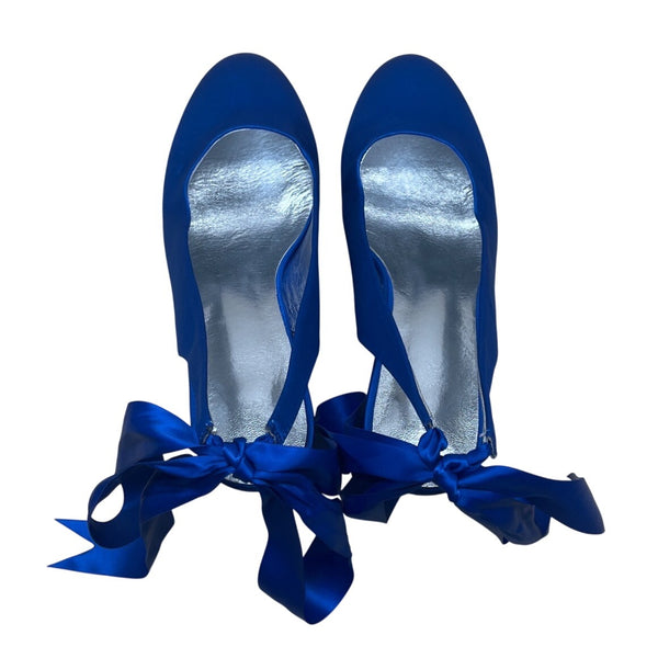 Women’s Blue Satin Ribbon-Tie Ballerina Heels With Silver Insole Heel Sz 9.5