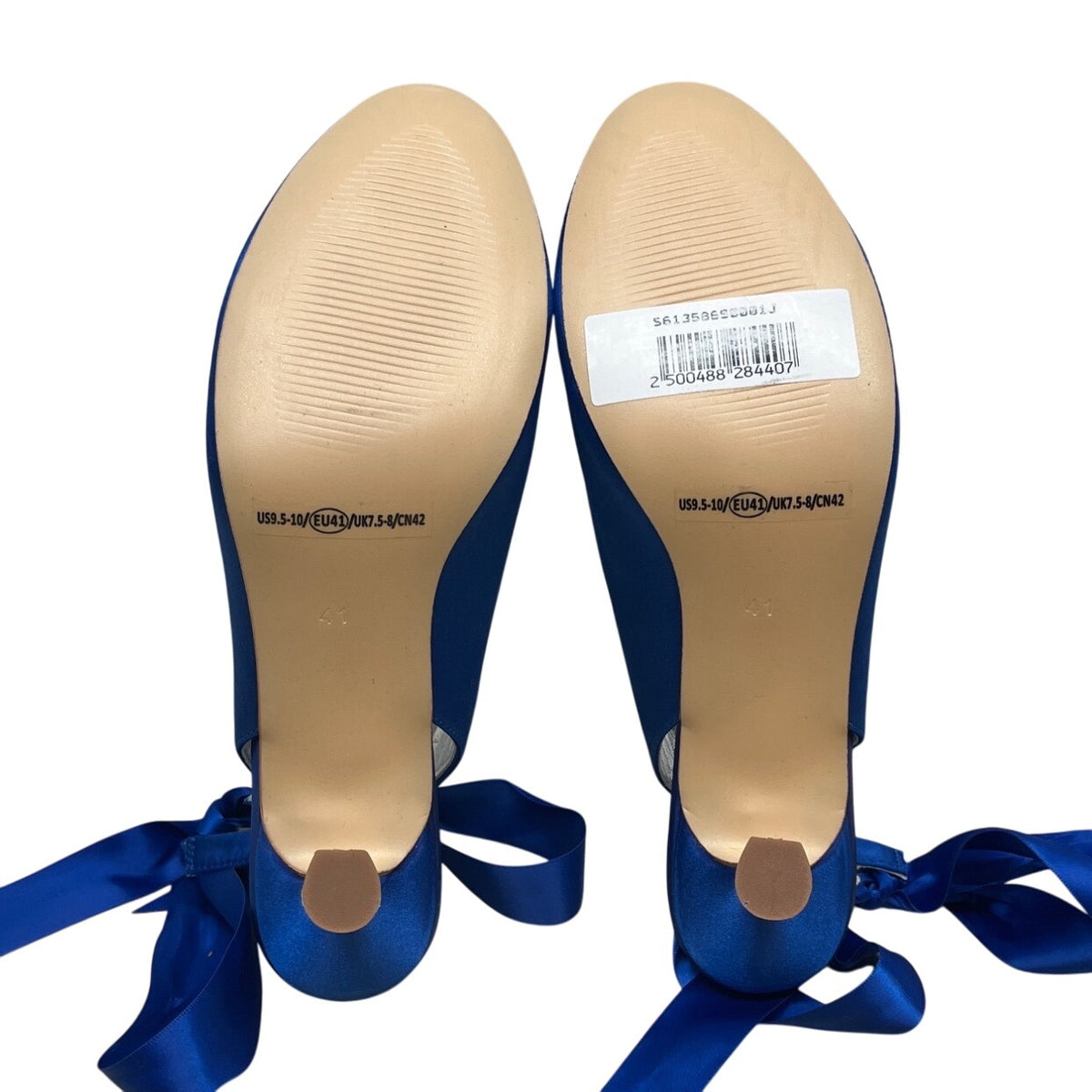 Women’s Blue Satin Ribbon-Tie Ballerina Heels With Silver Insole Heel Sz 9.5