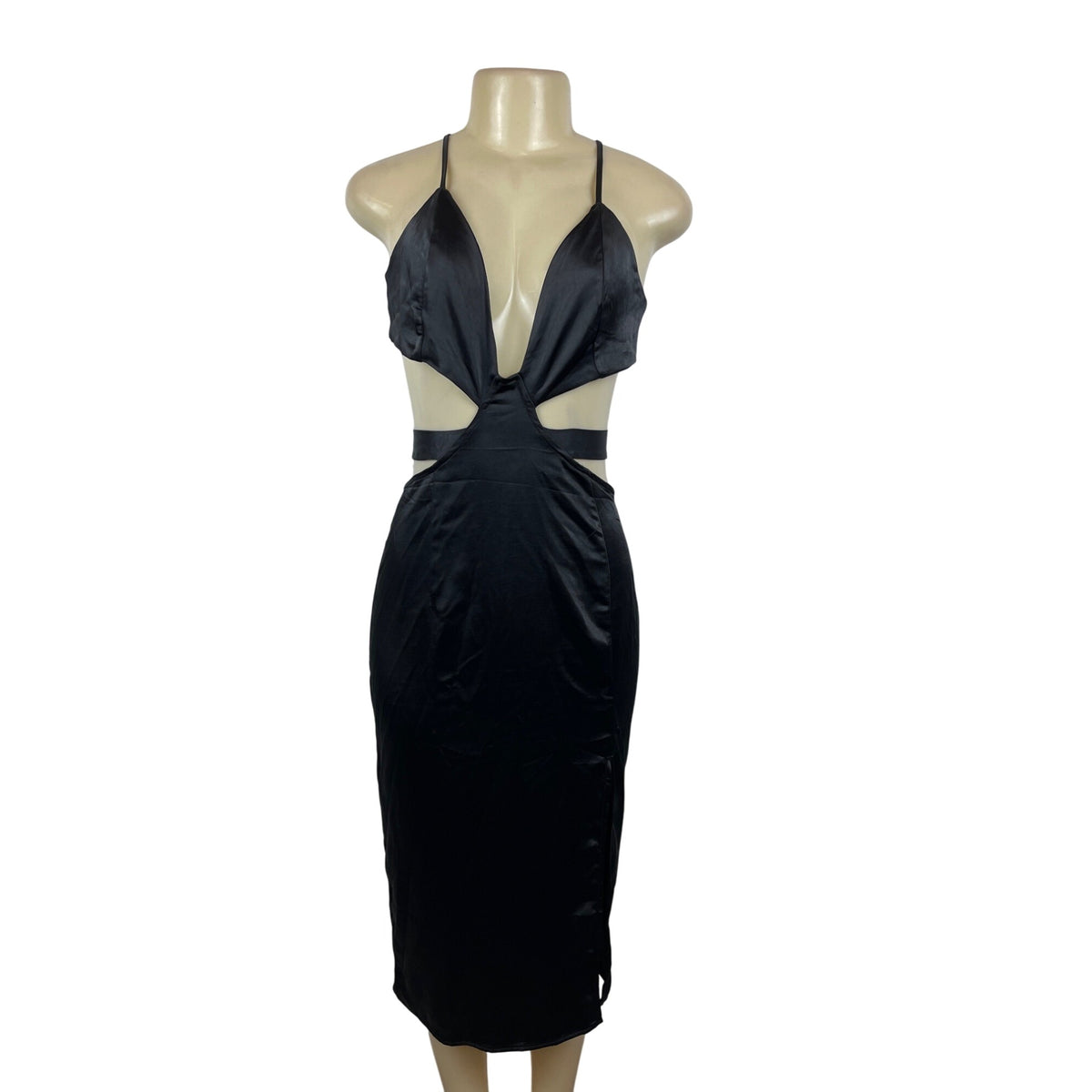 4th & Reckless Women's Black Satin Cutout Midi Dress Sz M