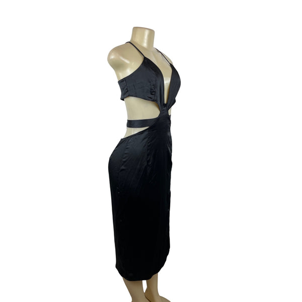 4th & Reckless Women's Black Satin Cutout Midi Dress Sz M