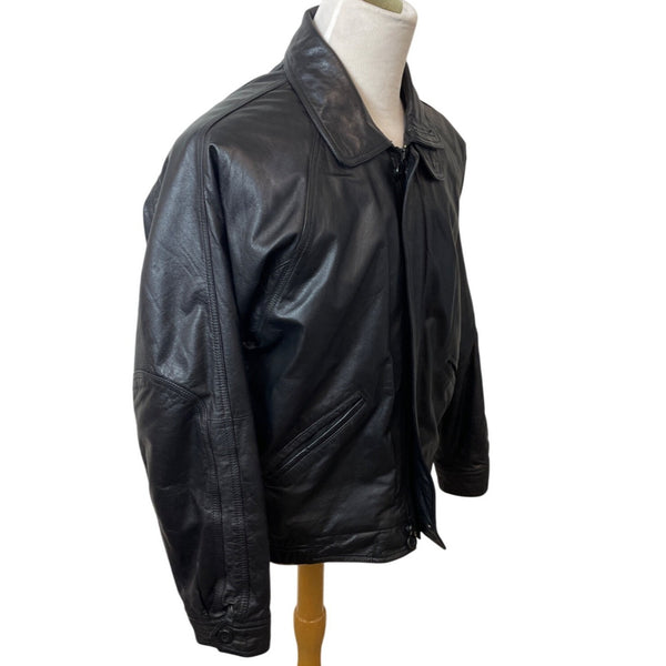 London Fog Mens Black Leather Cowhide Nylon Lining  Bomber Jacket Size 44