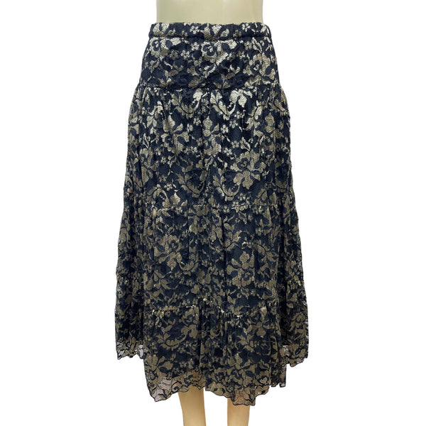 Elegant Black & Gold Floral Lace Midi Skirt For Women Size M/L