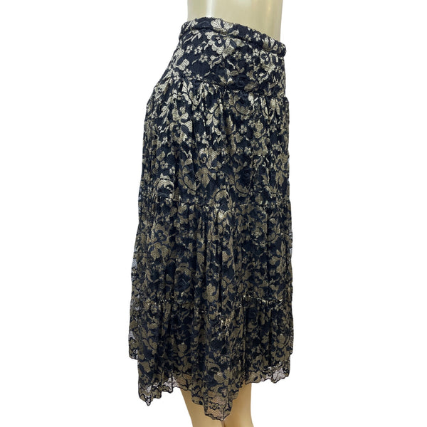 Elegant Black & Gold Floral Lace Midi Skirt For Women Size M/L