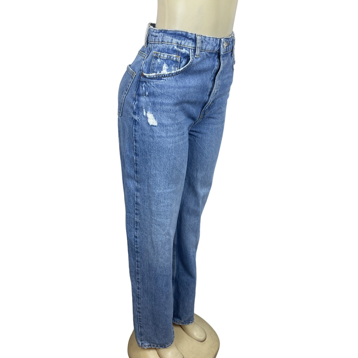 Pull & Bear Womens High-Waisted Relaxed Fit Distressed Denim Jeans Blue Sz 4