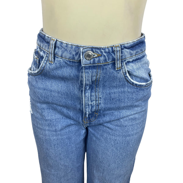 Pull & Bear Womens High-Waisted Relaxed Fit Distressed Denim Jeans Blue Sz 4