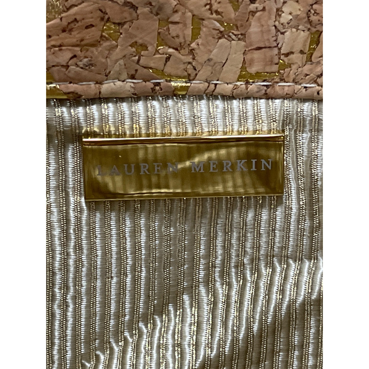 Lauren Merkin Women's Light Brown Cork Fabric with Gold Tone Details Clutch Sz M