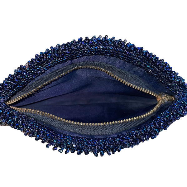 Handcrafted Beaded Navy Blue Half-Moon Clutch Purse With Zipper Closure Size M