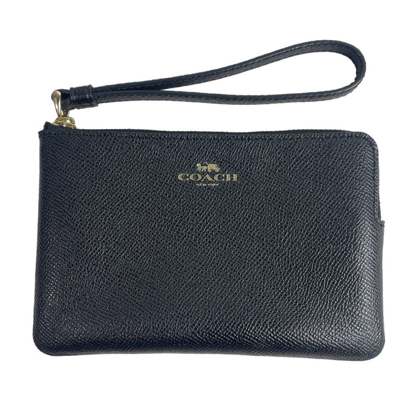 Coach New York Black Leather Wristlet Clutch Bag With Gold-Tone Zip & Logo