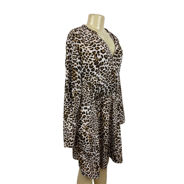 All in Favor Women's Leopard Print V Collar Loose Dress Sz XL