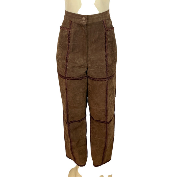 S.M.H. Vintage Brown Leather High-Waisted Loose-Fit Trousers Size 16