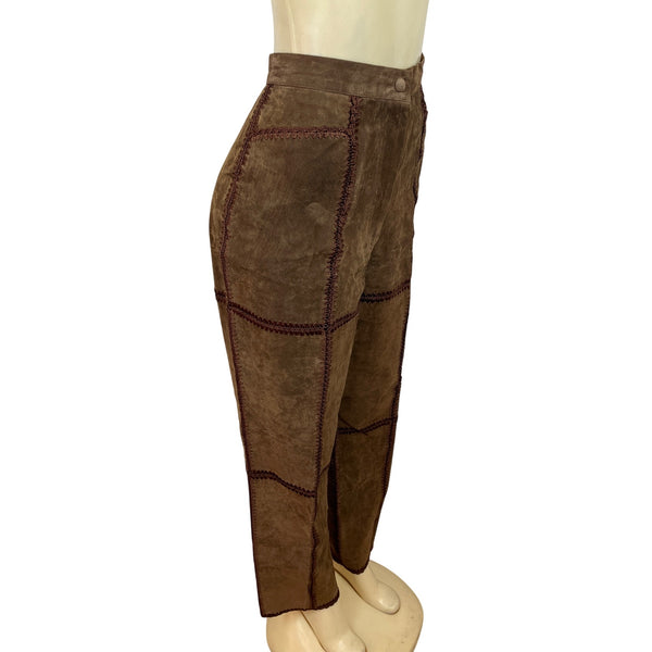 S.M.H. Vintage Brown Leather High-Waisted Loose-Fit Trousers Size 16