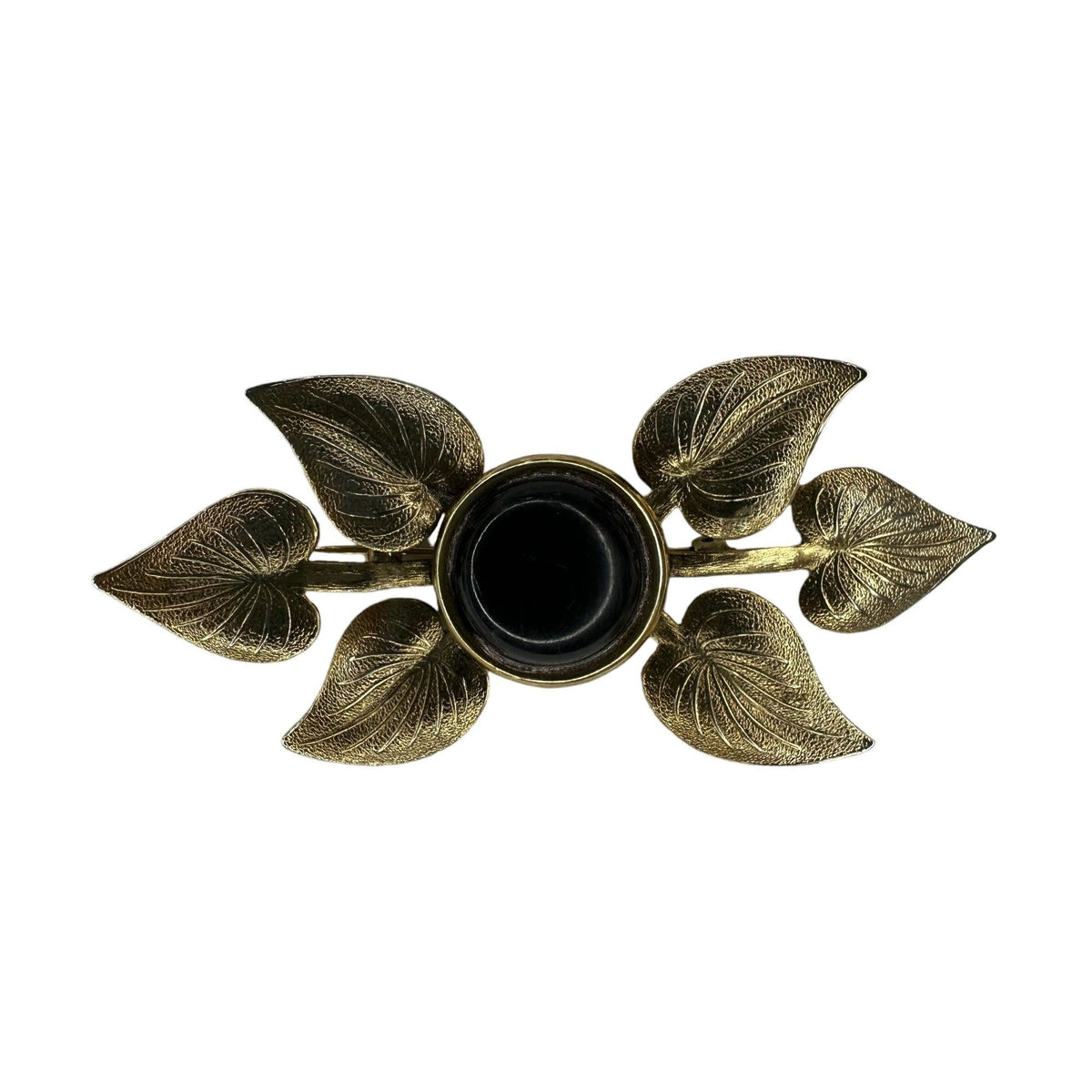 Vintage Black Onyx Brooch Pendant With Gold Tone Leafs