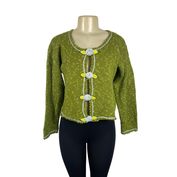 Hot Knots Womens Green Knit Cardigan With Floral Accent & Scalloped Trim