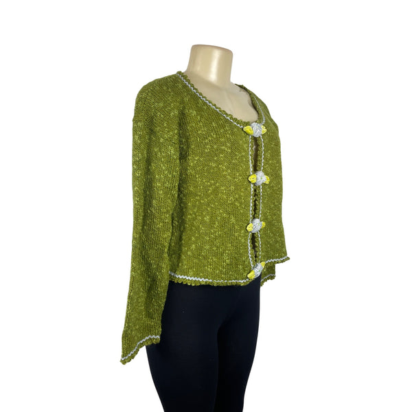 Hot Knots Womens Green Knit Cardigan With Floral Accent & Scalloped Trim