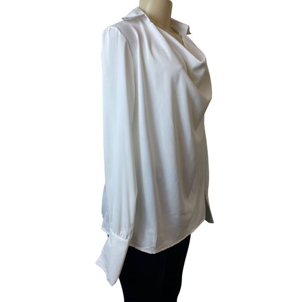 White Long Sleeve Blouse With Cowl Neck & Button Cuffs For Women Sz L - New