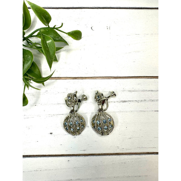 Silver Tone Blue Rhinestones Articulated Vintage Earrings