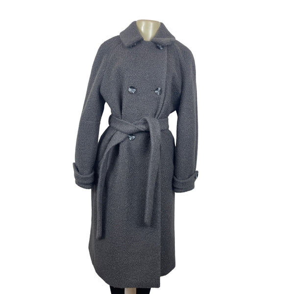 Vintage Gray Wool Blend Double-Breasted Belted Womens Overcoat