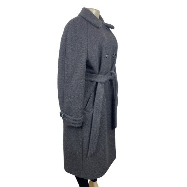 Vintage Gray Wool Blend Double-Breasted Belted Womens Overcoat