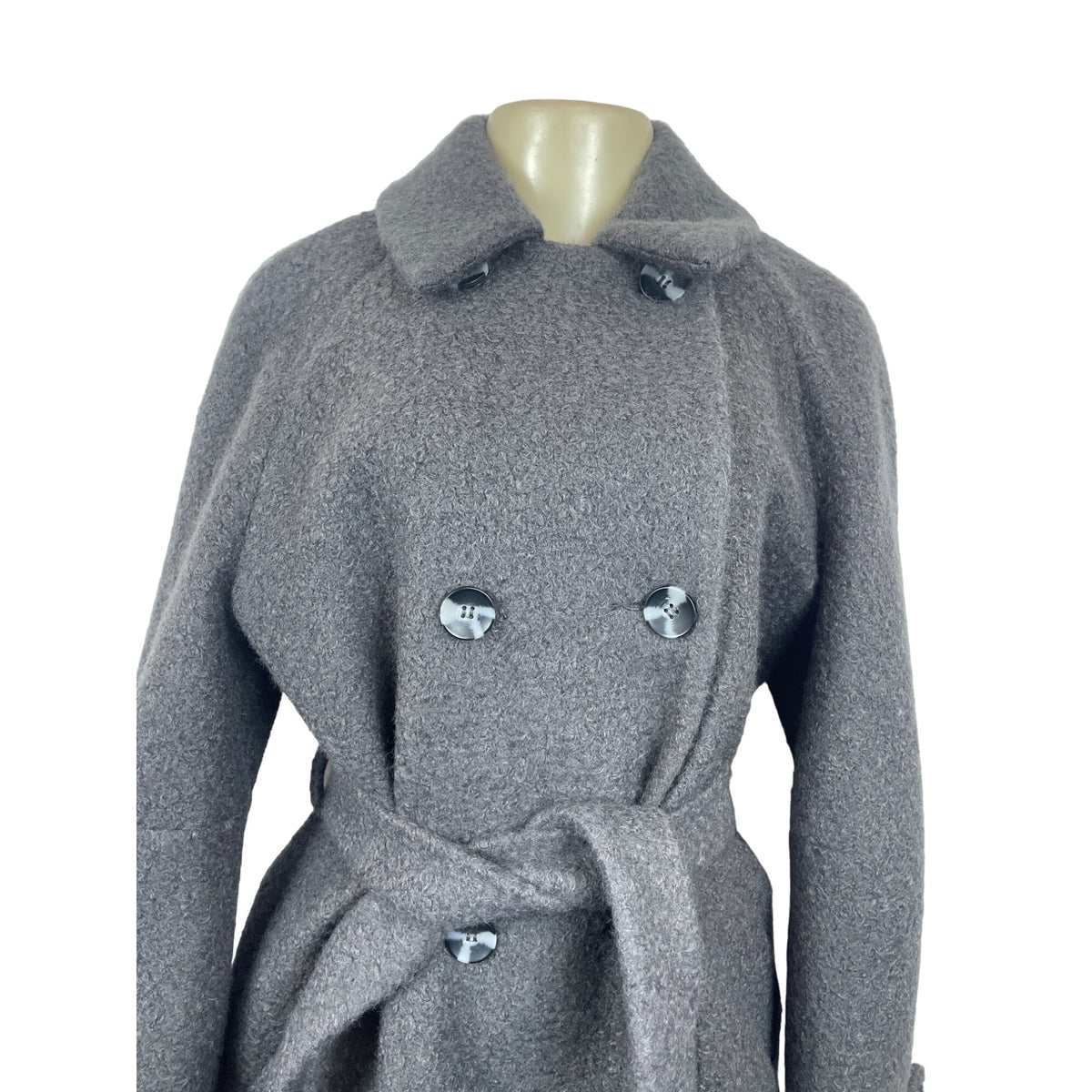 Vintage Gray Wool Blend Double-Breasted Belted Womens Overcoat