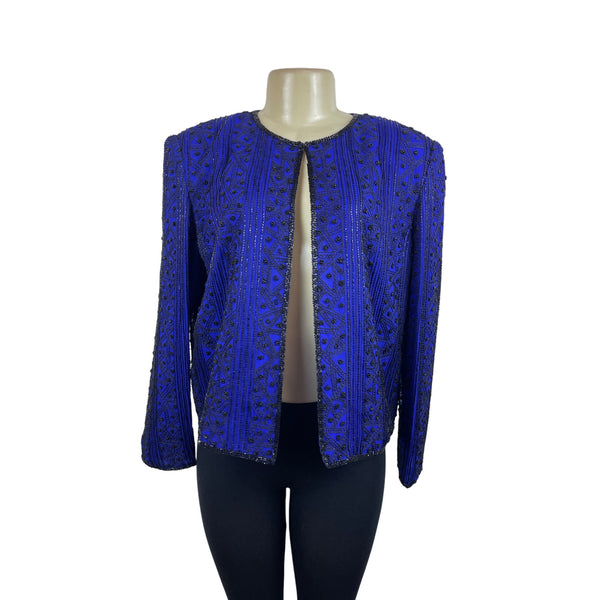 Vintage Niteline  Beaded Jacket Royal Blue Silk Open Front Long Sleeve Blazer Sz L