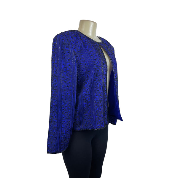 Vintage Niteline  Beaded Jacket Royal Blue Silk Open Front Long Sleeve Blazer Sz L