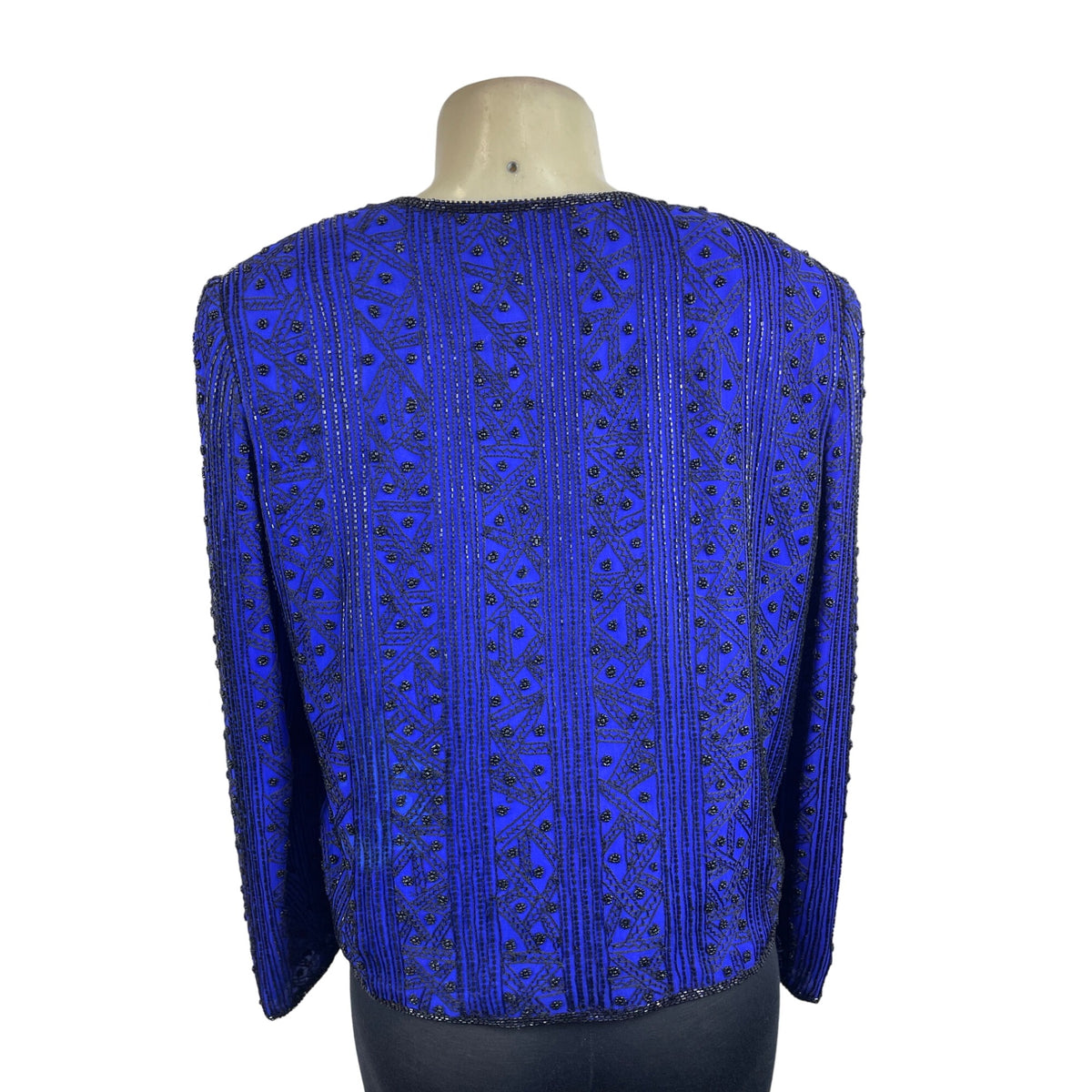 Vintage Niteline  Beaded Jacket Royal Blue Silk Open Front Long Sleeve Blazer Sz L