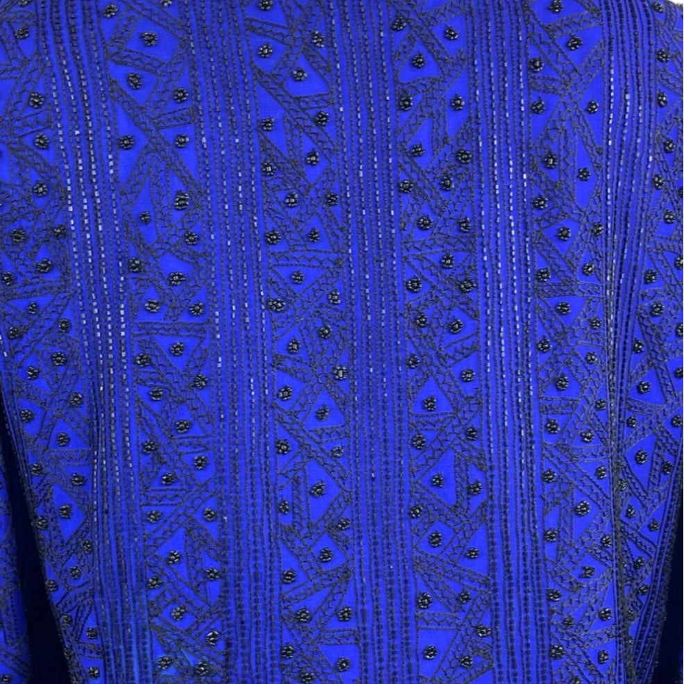 Vintage Niteline  Beaded Jacket Royal Blue Silk Open Front Long Sleeve Blazer Sz L