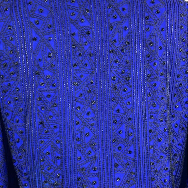 Vintage Niteline  Beaded Jacket Royal Blue Silk Open Front Long Sleeve Blazer Sz L