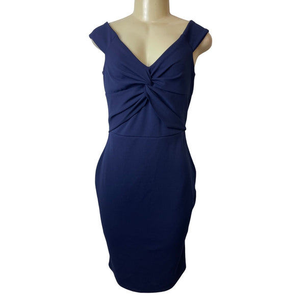 Quiz Navy Blue Off-Shoulder Twist Knot Women's Knee Length Bodycon Dress Sz 14